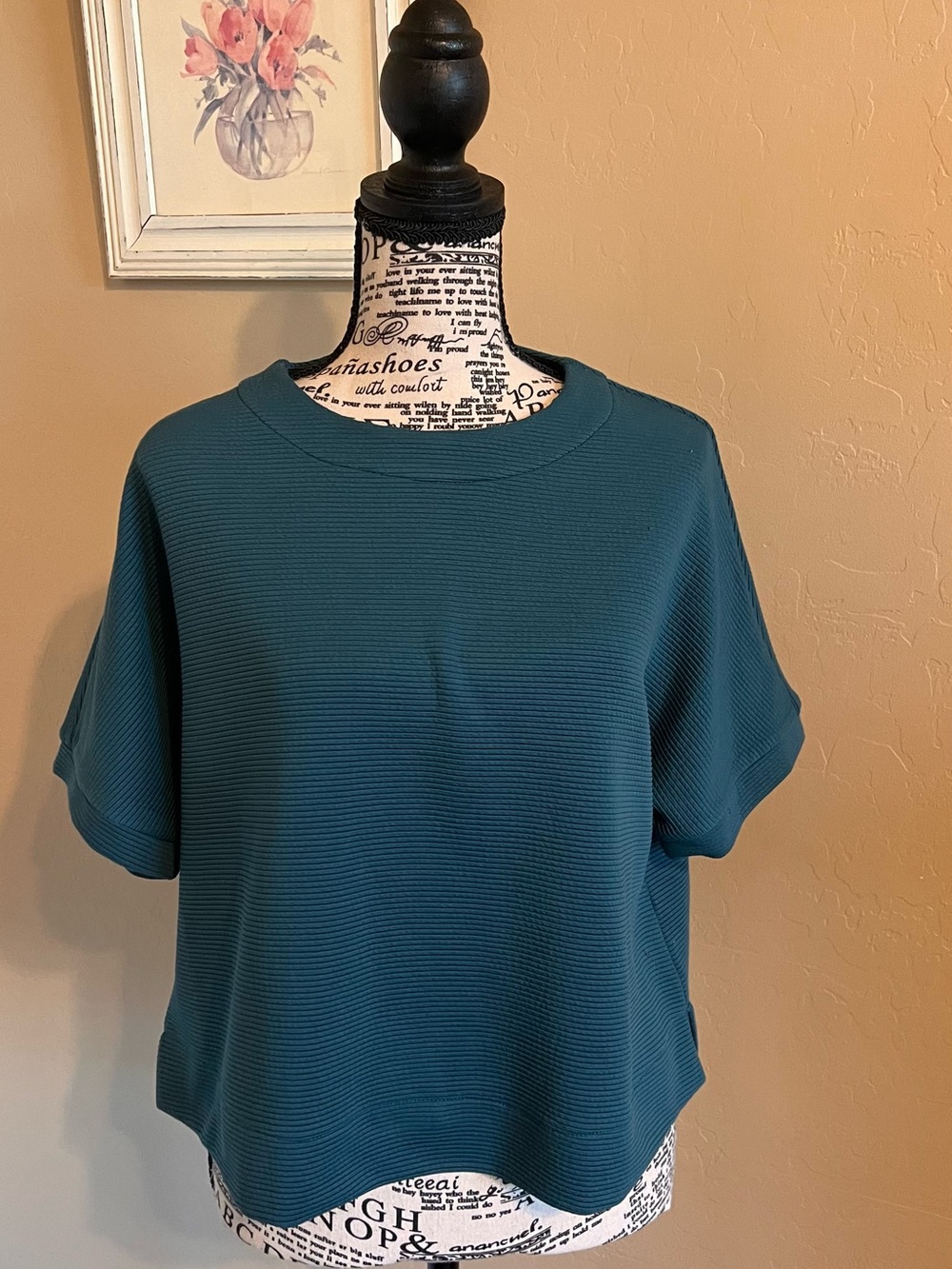 Adrianna Papell Teal Short-Sleeve Ribbed Boxy Top